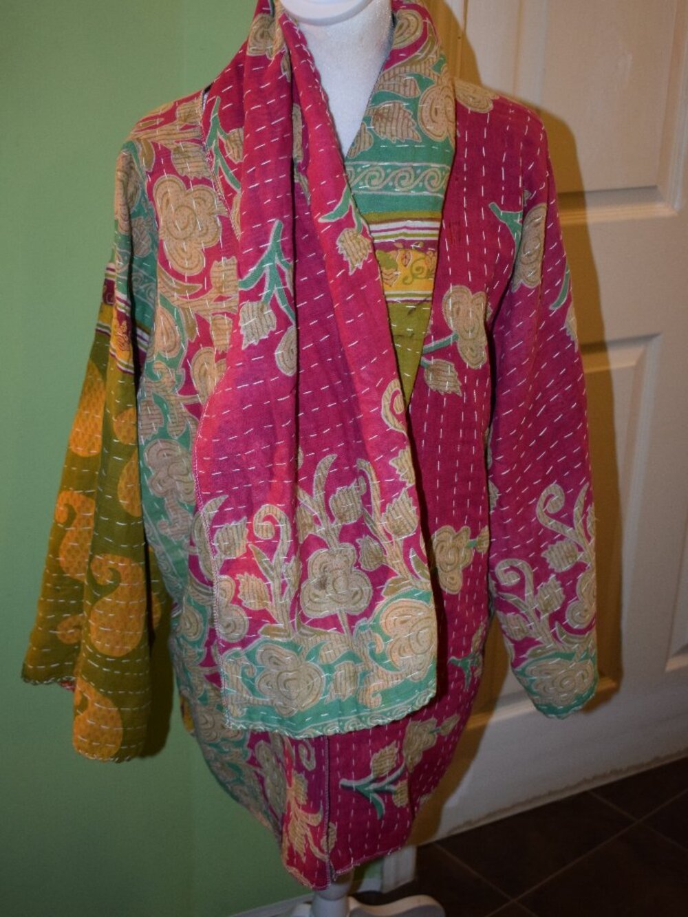 Women Handmade One Of A Kind Colorful Kantha Jacket Reversible Scarf Pink, Aqua,